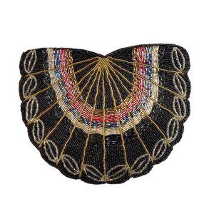Women's Evening Clutch Bag Purse Black Handcrafted Beaded Fan-Shaped Multi-Color